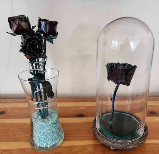 Hand Crafted Metal Roses (in Glass case)